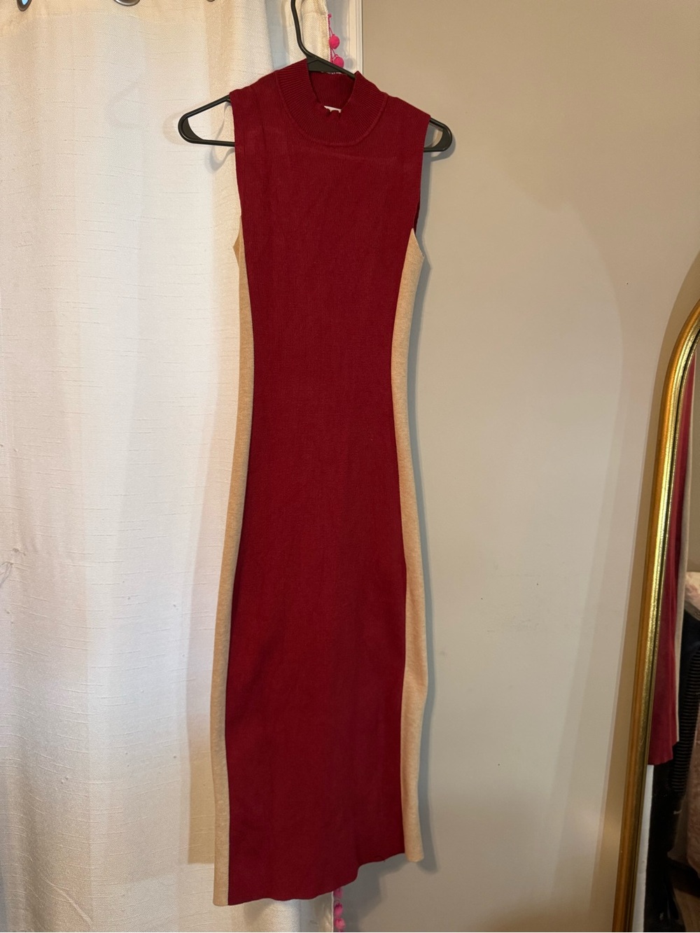Sleeveless Red Maxi Dress with Tan Side Panels